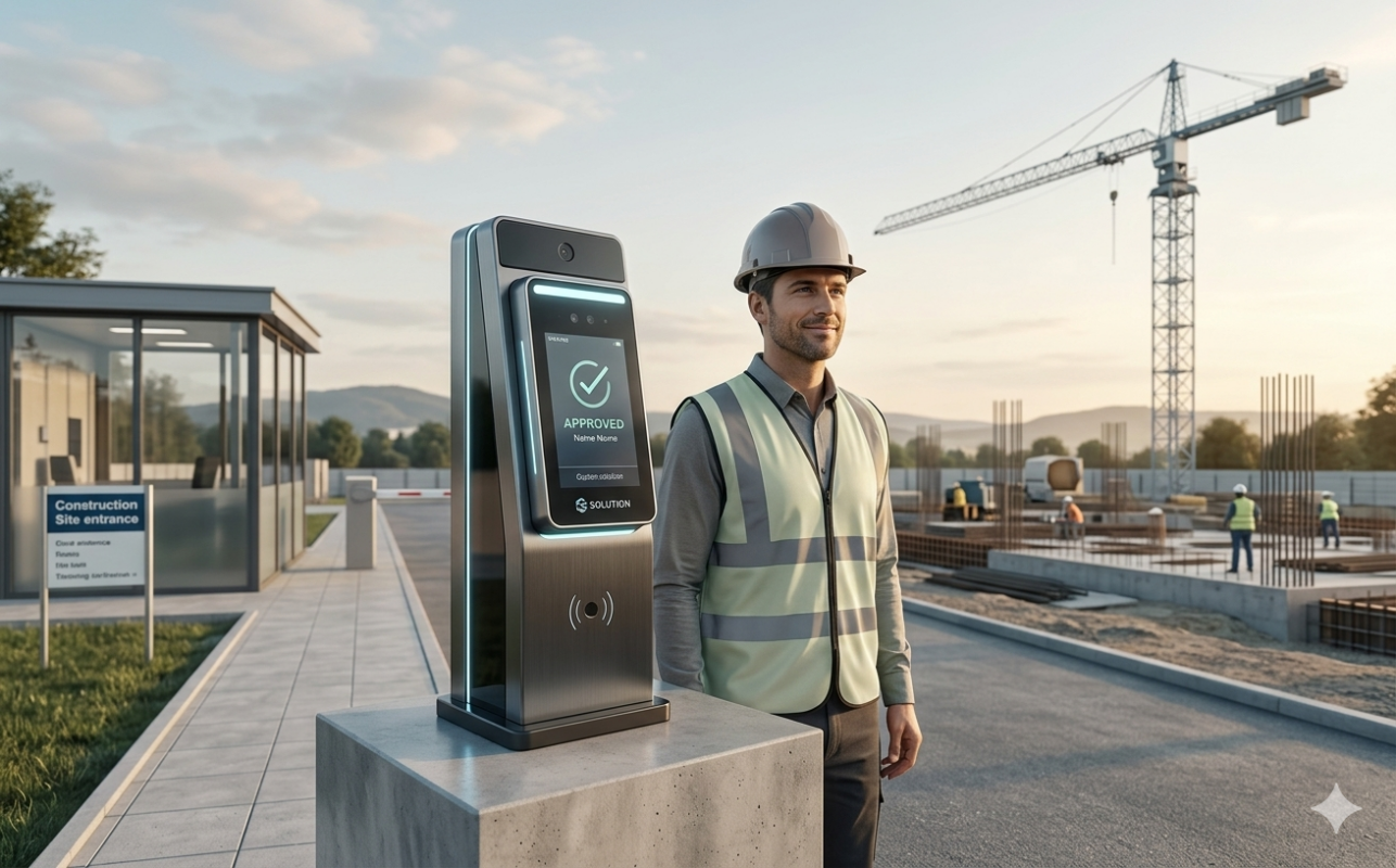 construction workers using biometric attendance device on site