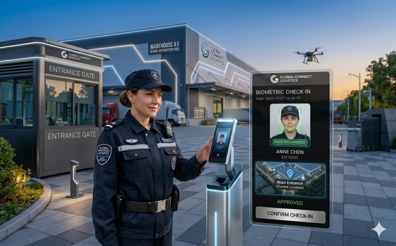 security guard using biometric attendance device