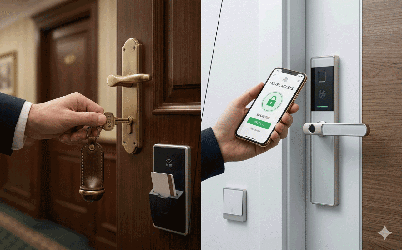 comparison traditional hotel lock vs smart wireless lock system