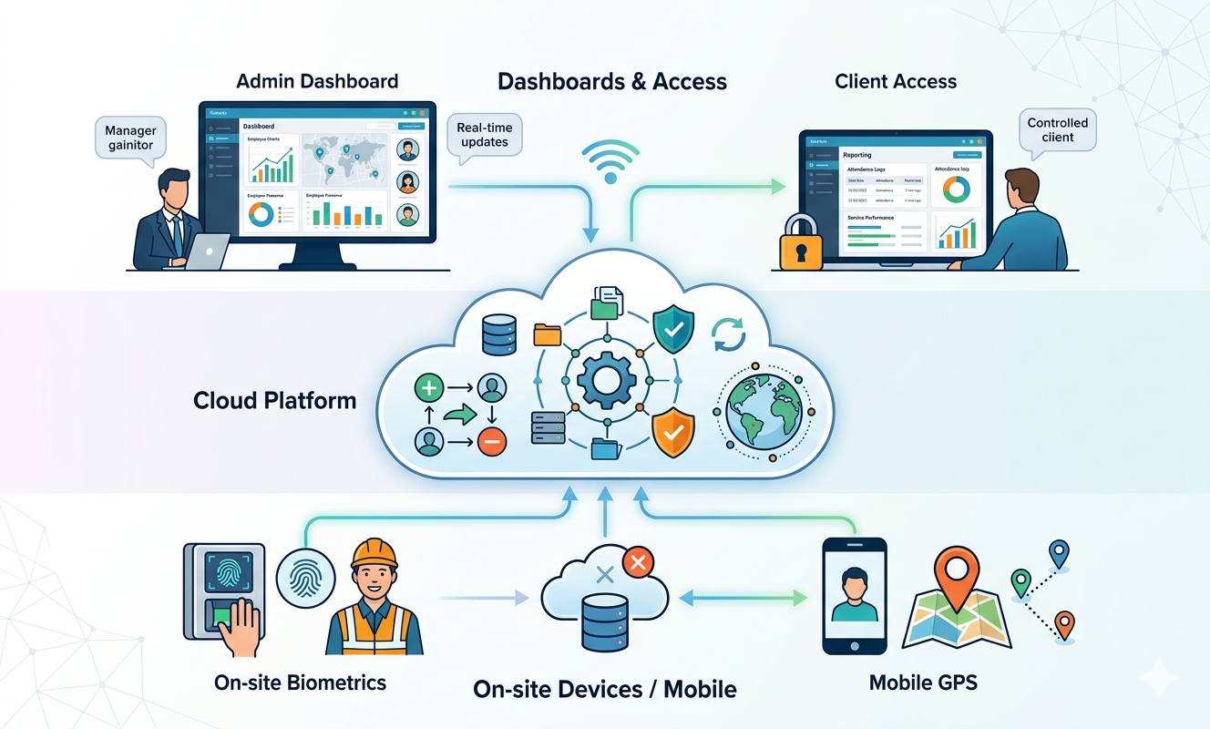 Facility Management Workforce Attendance Solution architecture diagram for Multi-Site