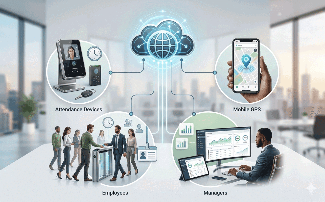 Cloud attendance system architecture with biometric devices and mobile workforce management