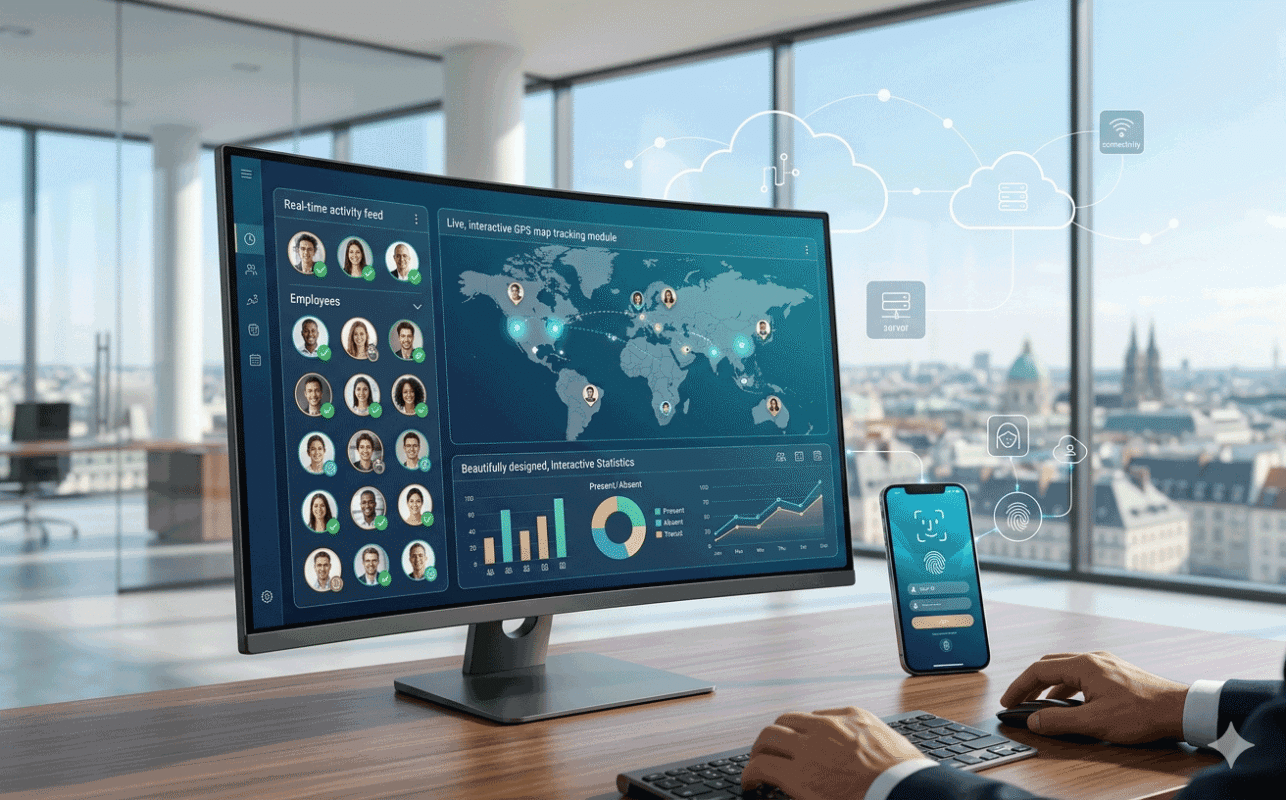 Cloud attendance system dashboard showing real-time employee tracking, GPS location check-ins, and analytics reports