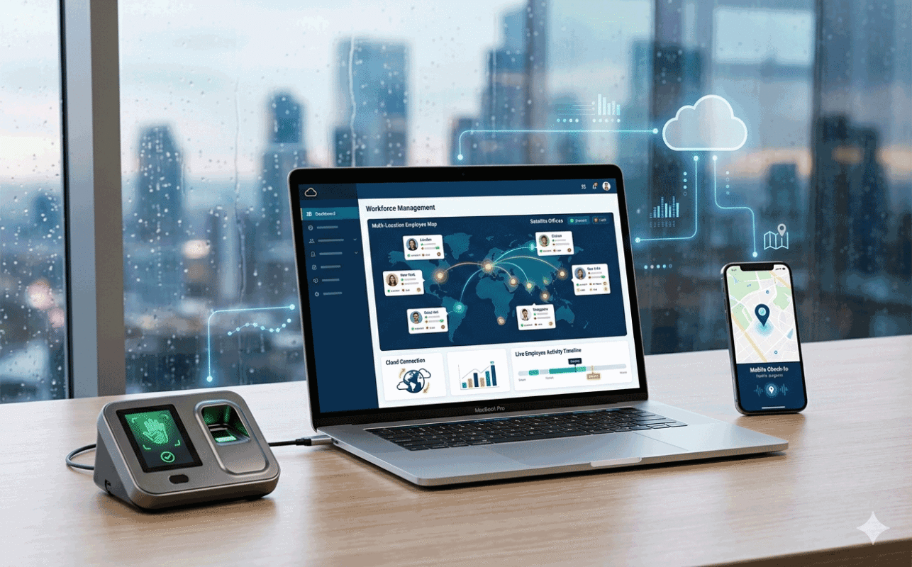 Cloud attendance system dashboard with biometric devices and GPS employee attendance tracking