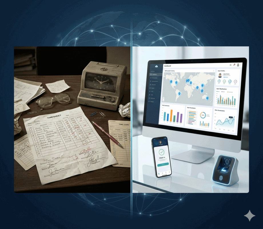 Manual attendance system vs cloud-based attendance system comparison showing paper-based tracking versus digital smart attendance dashboard