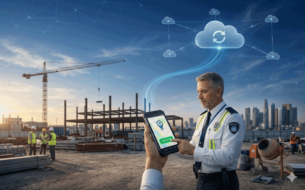 Employee using mobile GPS attendance system at outdoor job site connected to cloud-based workforce management platform