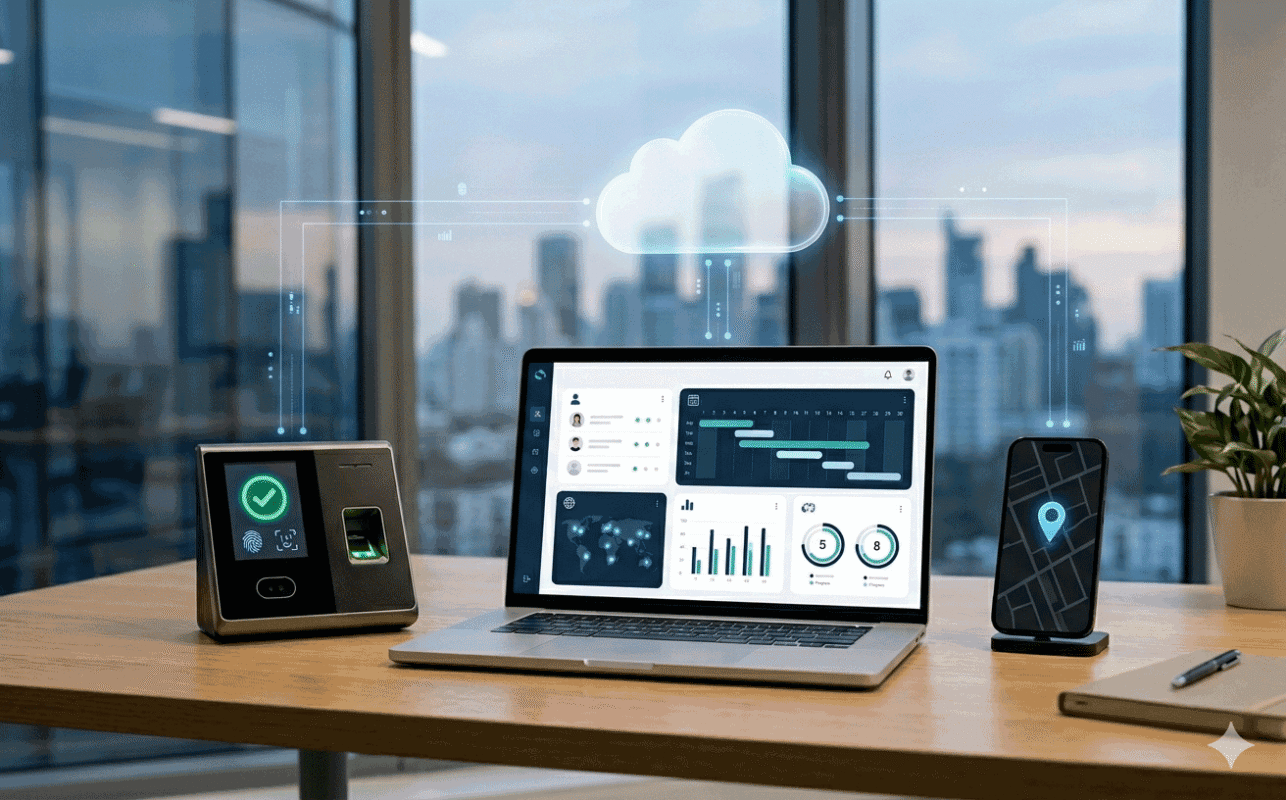 Real-time cloud attendance system with biometric devices and GPS workforce tracking