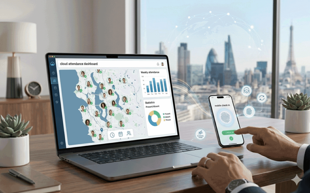 Cloud attendance dashboard showing remote employee GPS check-ins and workforce tracking analytics