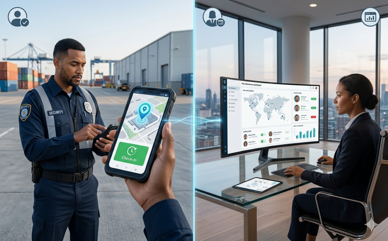Remote workforce attendance tracking using GPS mobile check-in and cloud management dashboard