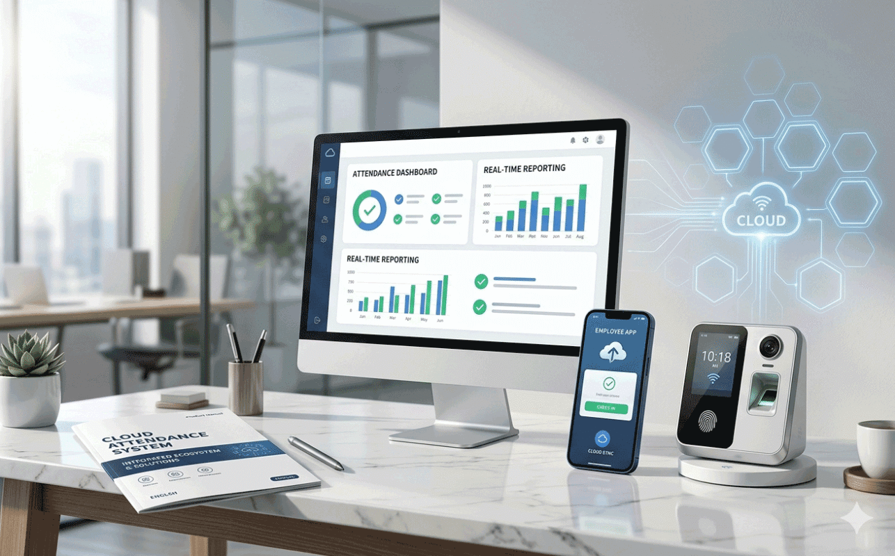 EPORDO Cloud Attendance System software interface on PC and mobile devices.