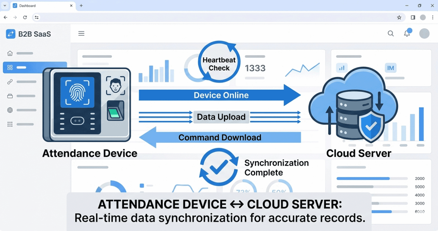 Attendance device heartbeat communication with cloud server