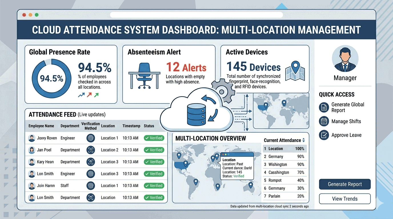 Cloud attendance system dashboard with workforce attendance monitoring