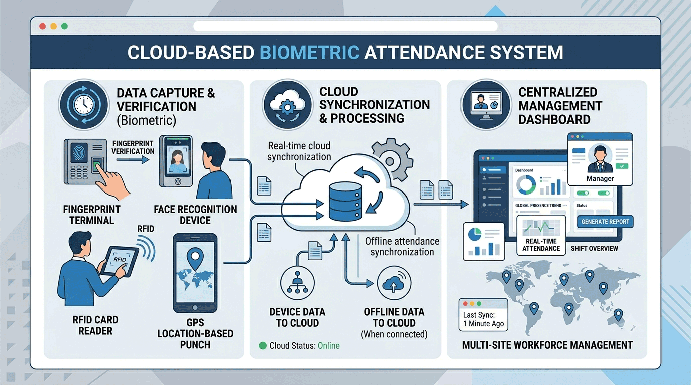 Cloud based biometric attendance system combining cloud management and biometric verification