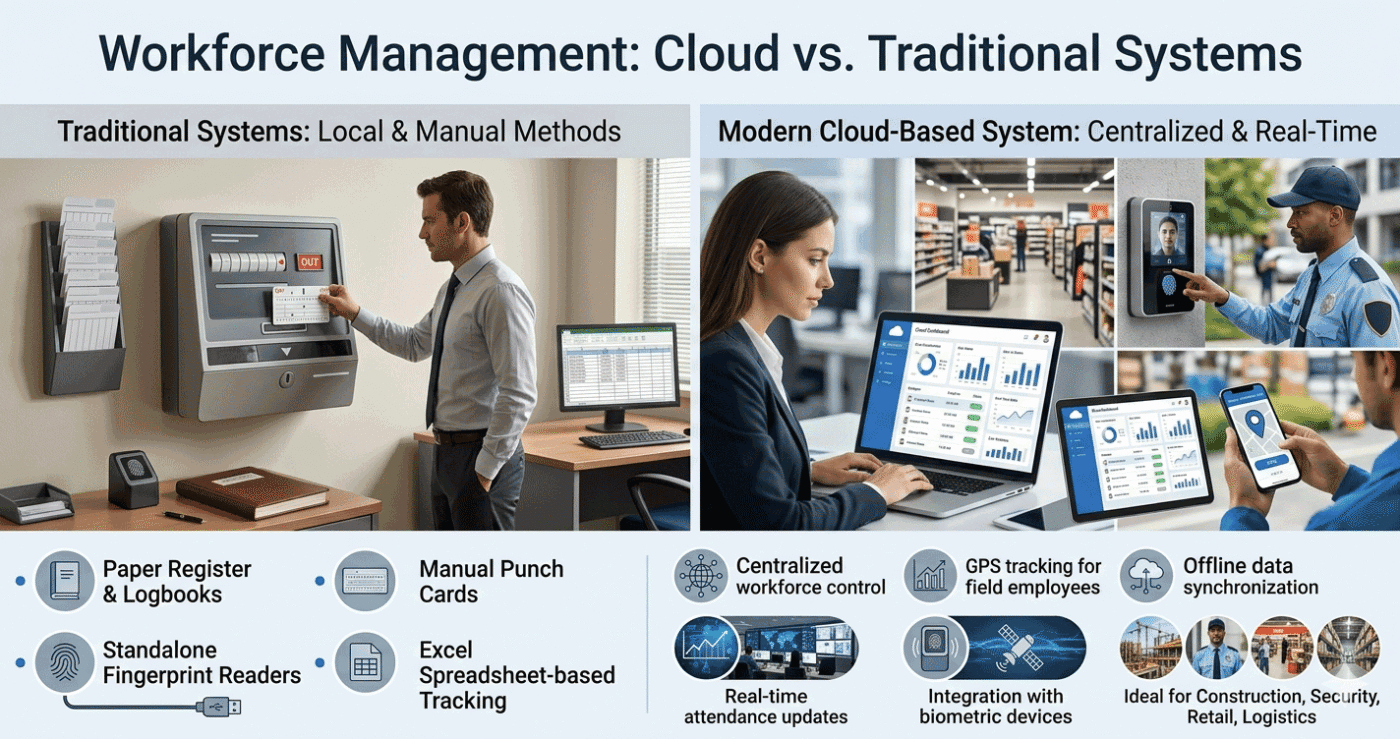Cloud based attendance system compared with traditional workforce management system
