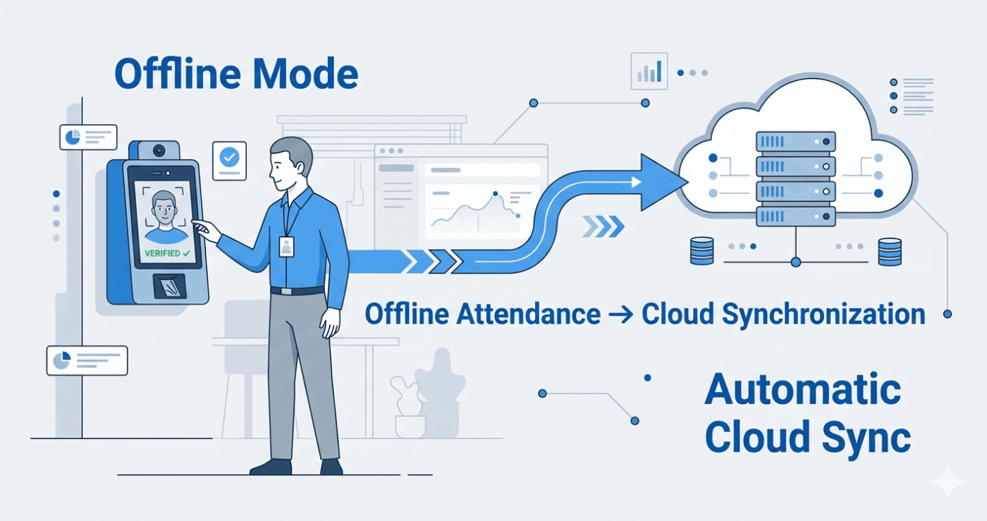 Offline attendance device automatically syncing records to cloud attendance system