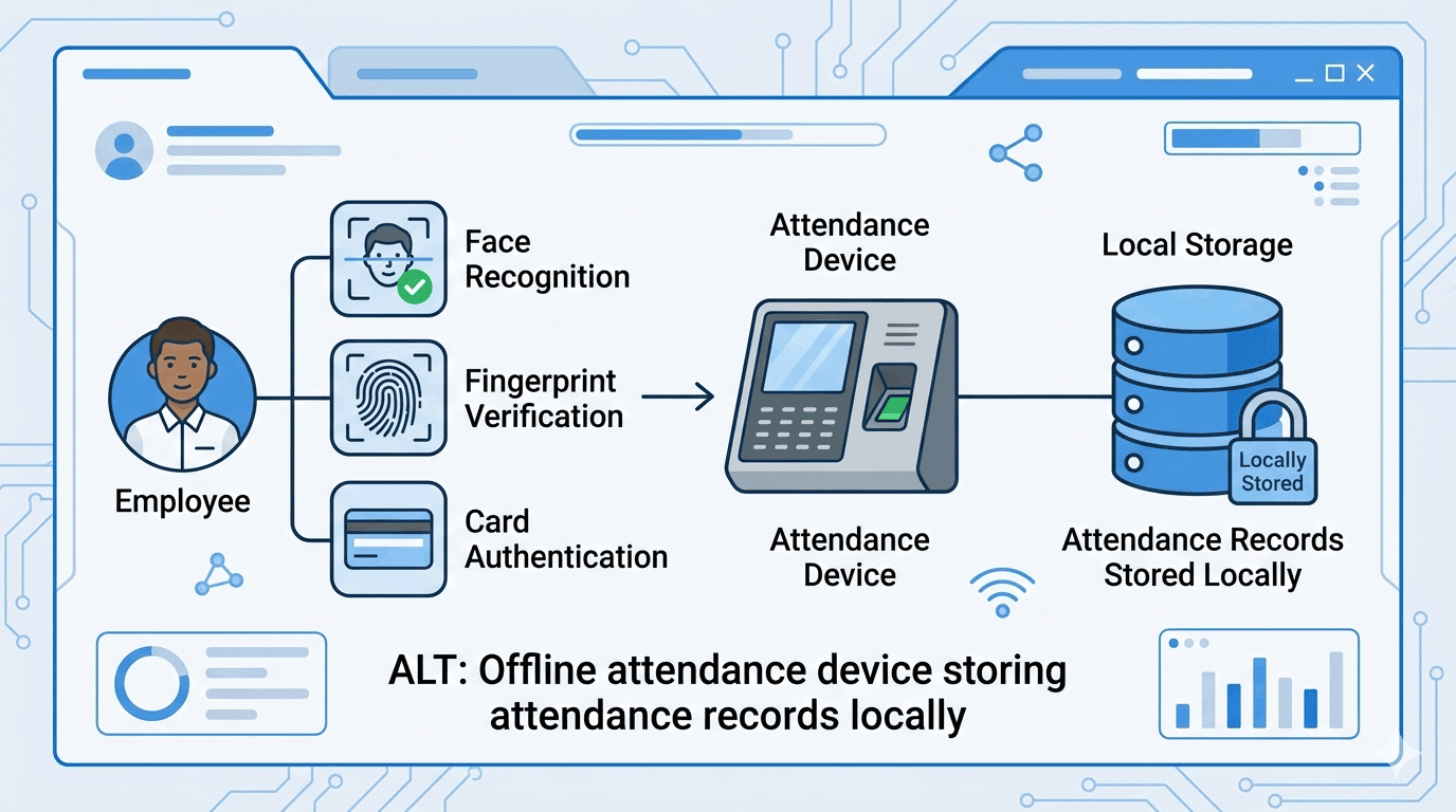 Offline attendance device storing attendance records locally