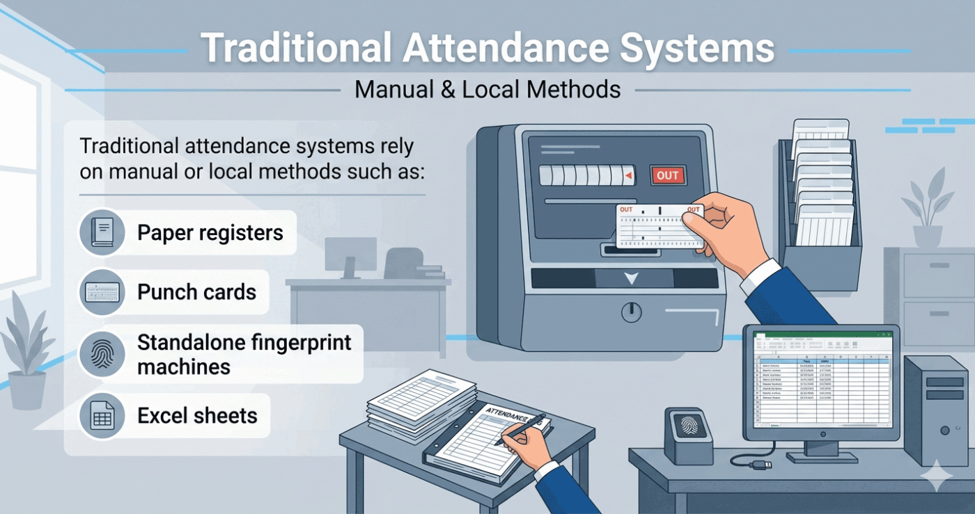 Traditional punch card attendance system and manual record keeping