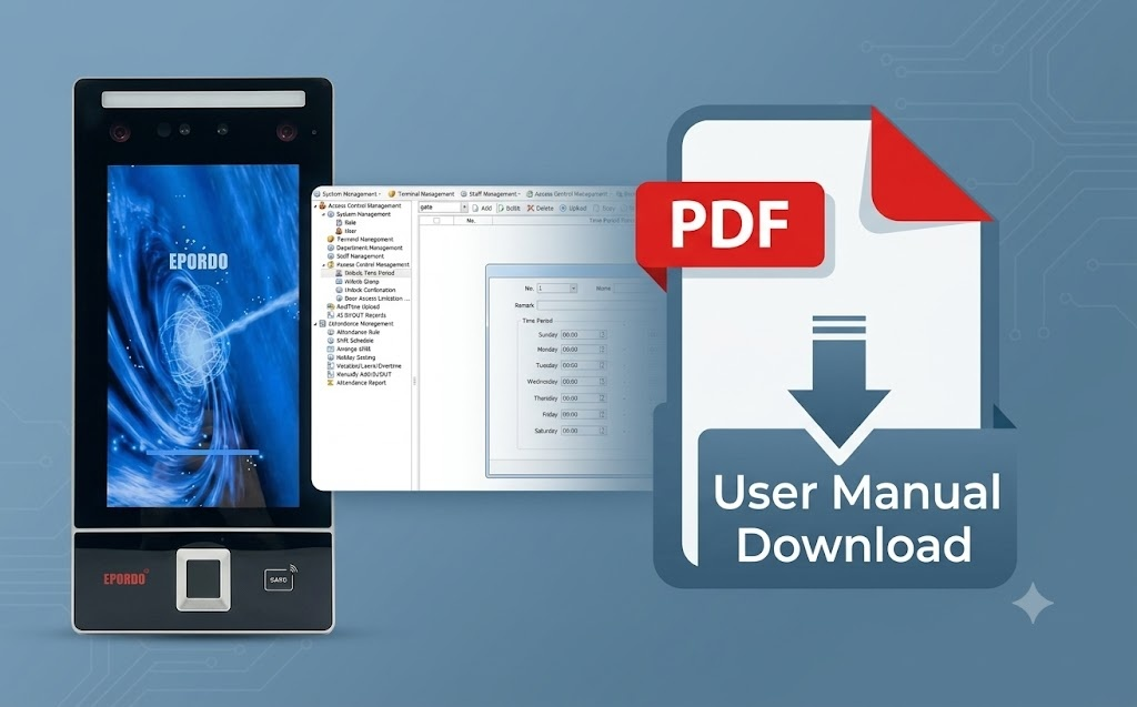 EPORDO PC-based time attendance and access control management software interface and user guide PDF